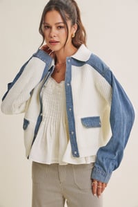 Image 1 of Denim Contrast Mixed Media Sweater Jacket
