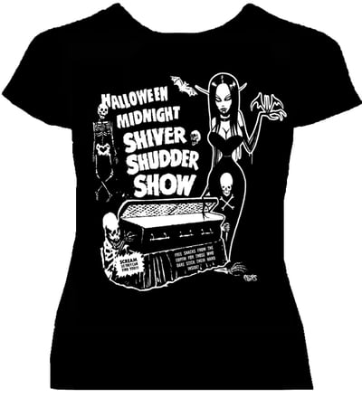 Image of preorder MIDNIGHT SHIVER SHUDDER SHOW woman’s Fitted SHIRT  - ships SEPT 16th 