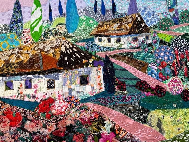 Blooming Village - Colorful Fabric Collage, Countryside Home Decor, 64x87cm Image 3