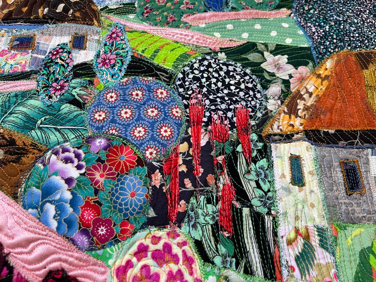Blooming Village - Colorful Fabric Collage, Countryside Home Decor, 64x87cm Image 5