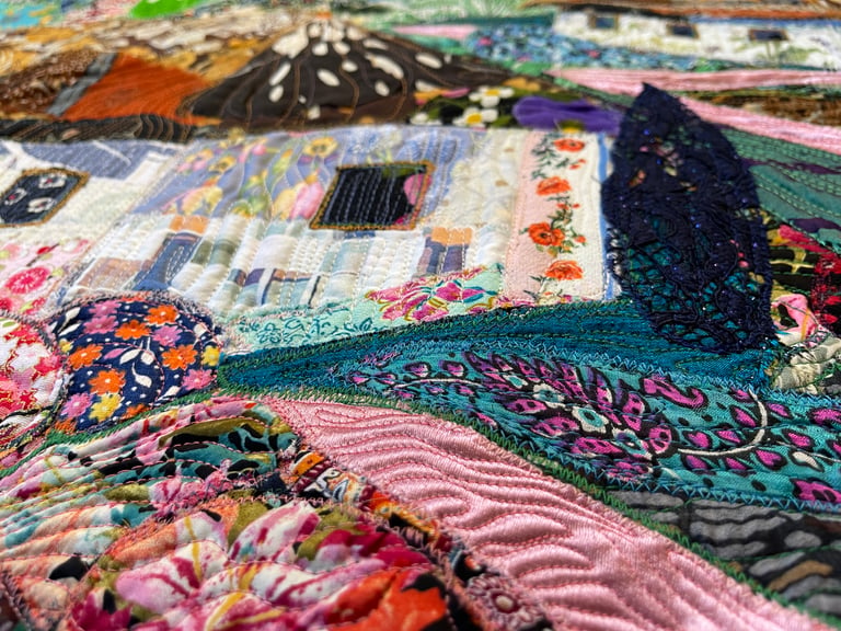 Blooming Village - Colorful Fabric Collage, Countryside Home Decor, 64x87cm Image 9