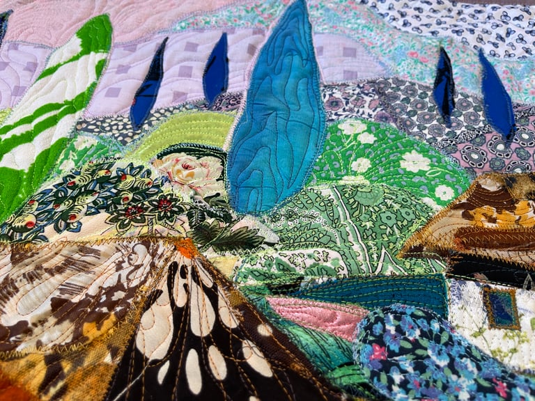 Blooming Village - Colorful Fabric Collage, Countryside Home Decor, 64x87cm Image 11