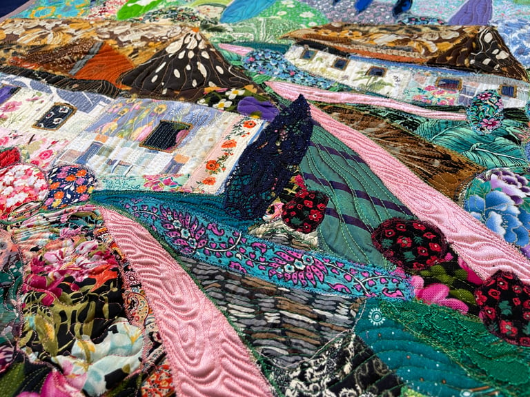Blooming Village - Colorful Fabric Collage, Countryside Home Decor, 64x87cm Image 12