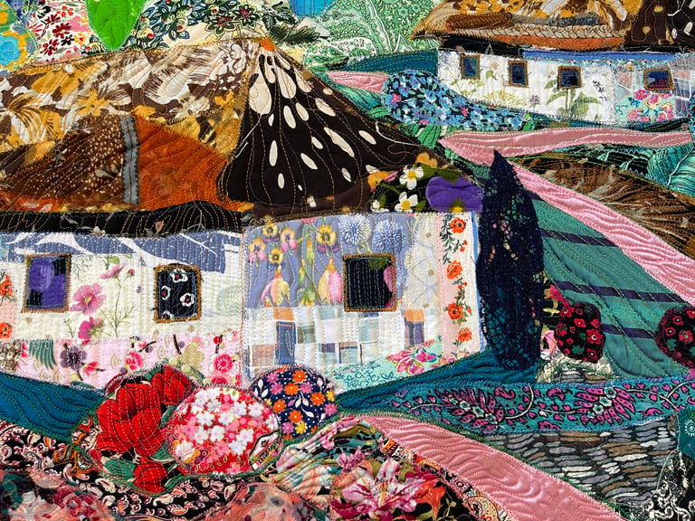 Blooming Village - Colorful Fabric Collage, Countryside Home Decor, 64x87cm Image 13