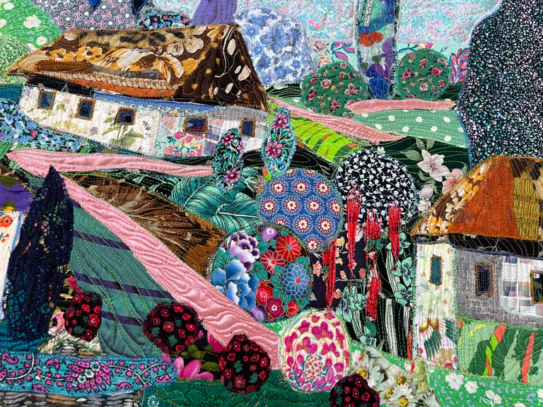 Blooming Village - Colorful Fabric Collage, Countryside Home Decor, 64x87cm Image 15