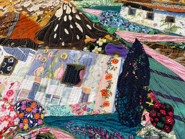 Blooming Village - Colorful Fabric Collage, Countryside Home Decor, 64x87cm Image 16