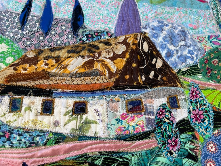 Blooming Village - Colorful Fabric Collage, Countryside Home Decor, 64x87cm Image 18