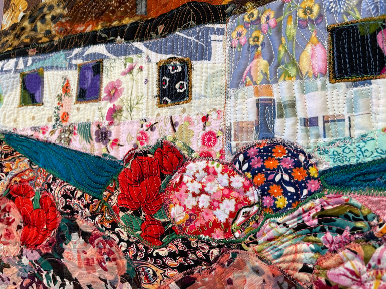 Blooming Village - Colorful Fabric Collage, Countryside Home Decor, 64x87cm Image 19