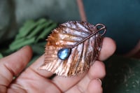 Image 1 of Collana con vera foglia di carpino elettroformata in rame con patina ossidata e labradorite