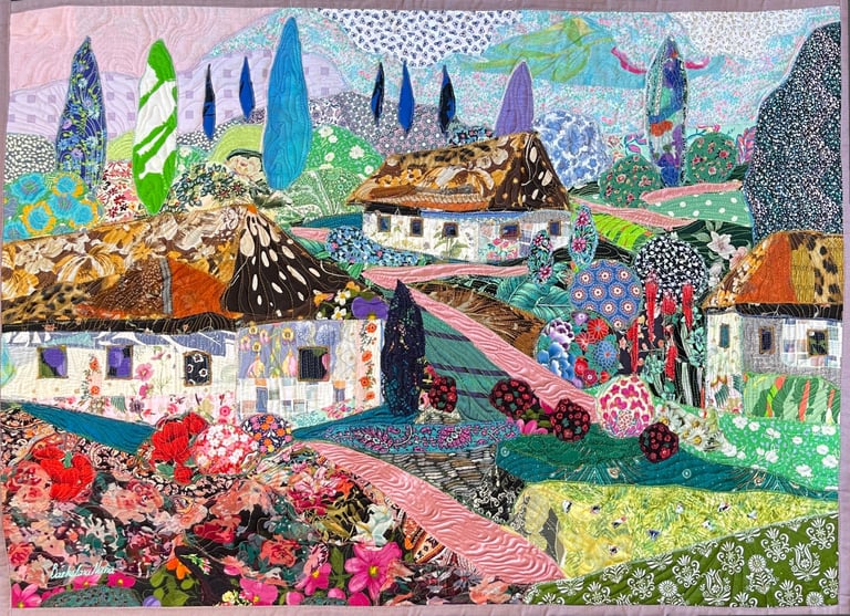 Blooming Village - Colorful Fabric Collage, Countryside Home Decor, 64x87cm Image 2