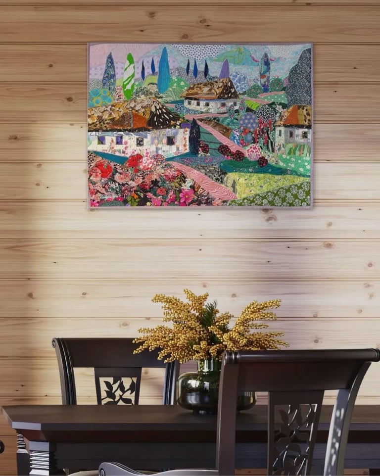 Blooming Village - Colorful Fabric Collage, Countryside Home Decor, 64x87cm