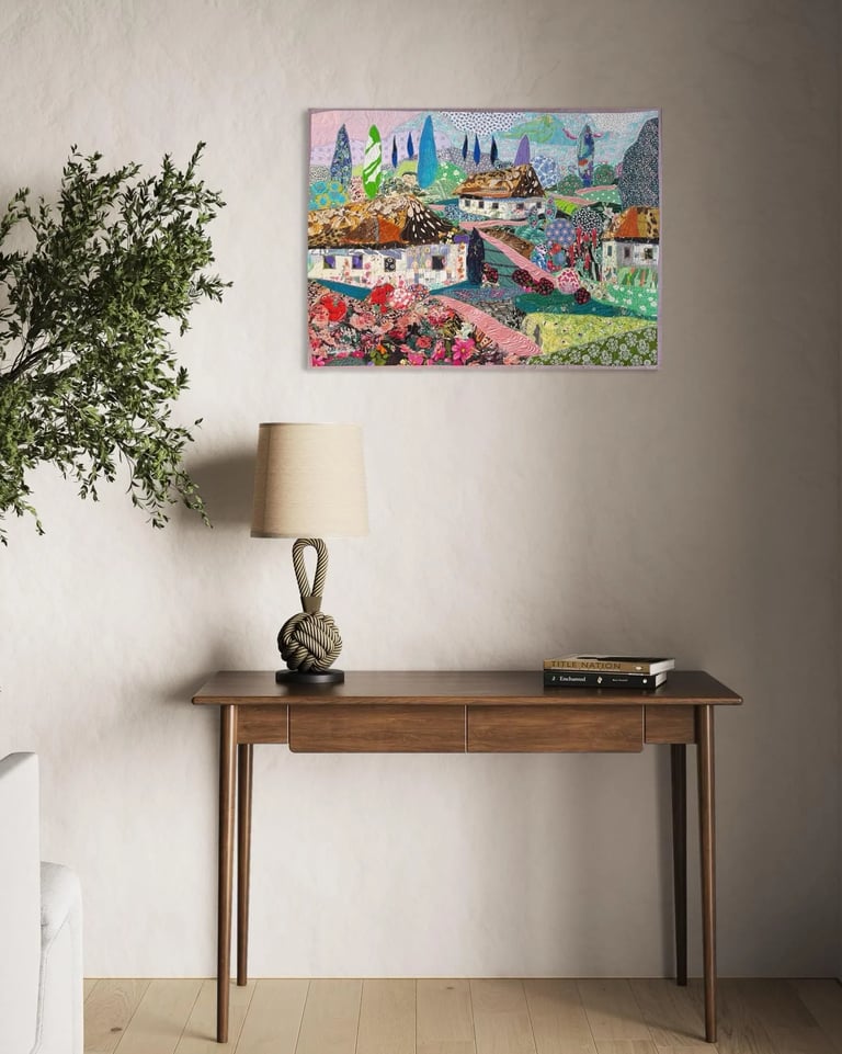Blooming Village - Colorful Fabric Collage, Countryside Home Decor, 64x87cm Image 4