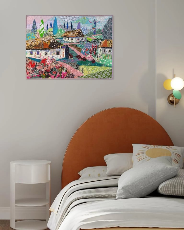 Blooming Village - Colorful Fabric Collage, Countryside Home Decor, 64x87cm Image 10