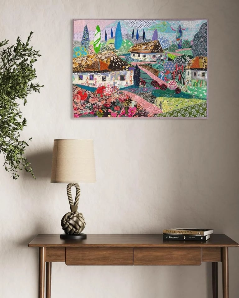 Blooming Village - Colorful Fabric Collage, Countryside Home Decor, 64x87cm Image 14