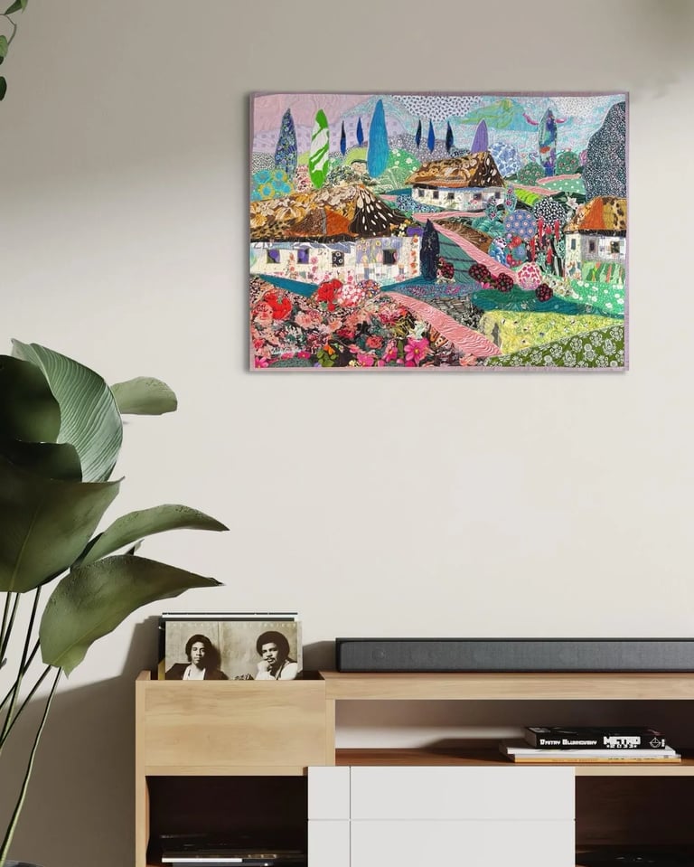 Blooming Village - Colorful Fabric Collage, Countryside Home Decor, 64x87cm Image 17