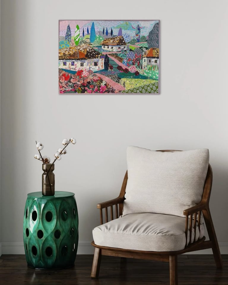 Blooming Village - Colorful Fabric Collage, Countryside Home Decor, 64x87cm Image 20