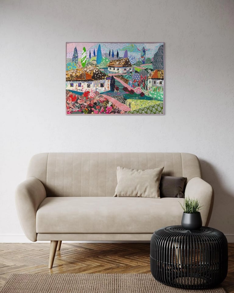 Blooming Village - Colorful Fabric Collage, Countryside Home Decor, 64x87cm Image 7