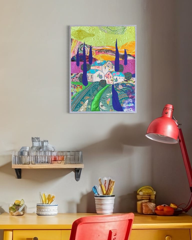 Under the Blue Roof - Colorful Fabric Collage, Countryside Home Decor, 50x38cm Image 8