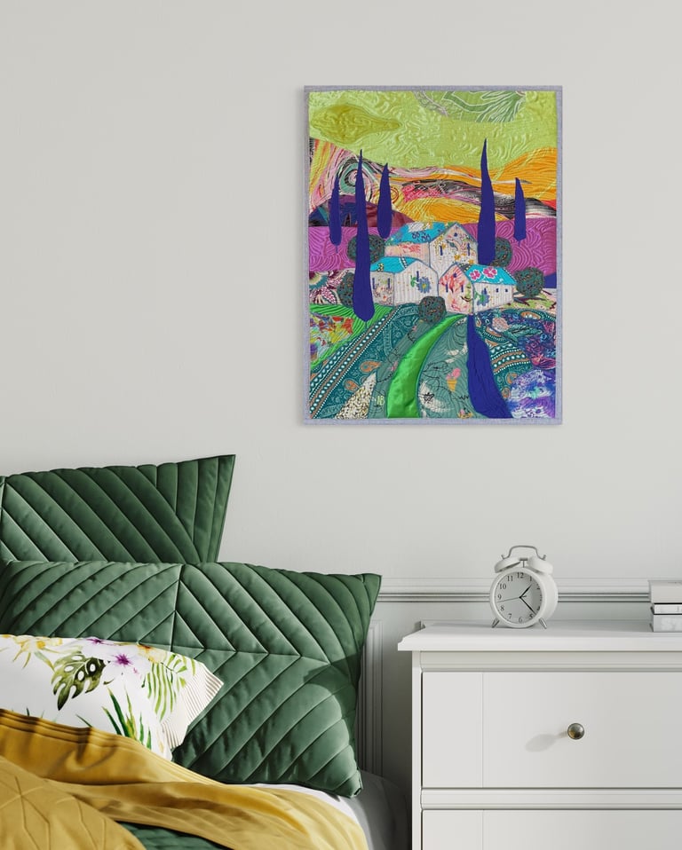 Under the Blue Roof - Colorful Fabric Collage, Countryside Home Decor, 50x38cm