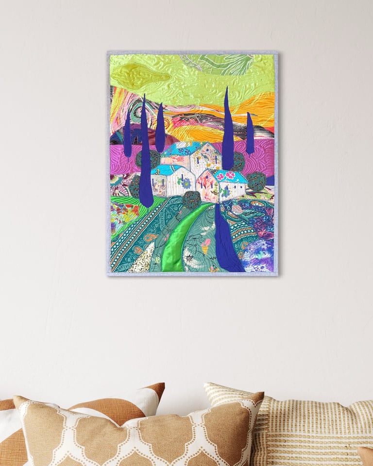 Under the Blue Roof - Colorful Fabric Collage, Countryside Home Decor, 50x38cm Image 9