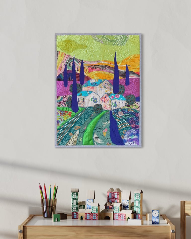Under the Blue Roof - Colorful Fabric Collage, Countryside Home Decor, 50x38cm Image 4