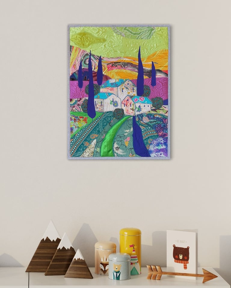 Under the Blue Roof - Colorful Fabric Collage, Countryside Home Decor, 50x38cm Image 12