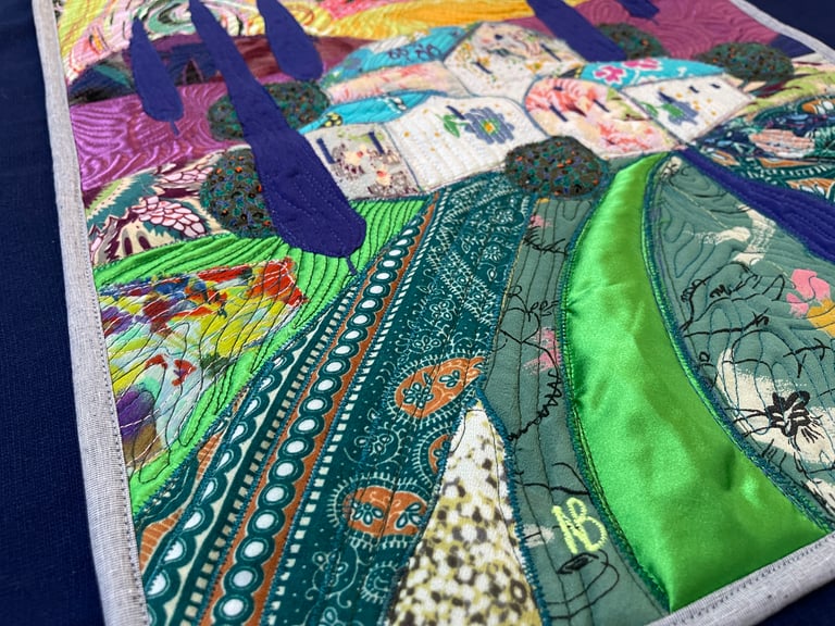 Under the Blue Roof - Colorful Fabric Collage, Countryside Home Decor, 50x38cm Image 13