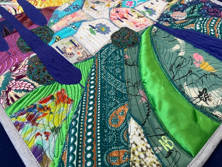 Under the Blue Roof - Colorful Fabric Collage, Countryside Home Decor, 50x38cm Image 11