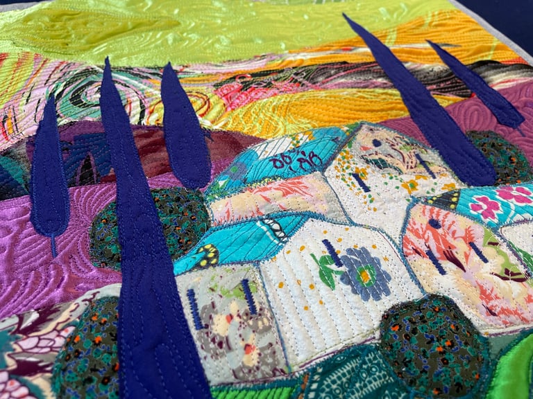 Under the Blue Roof - Colorful Fabric Collage, Countryside Home Decor, 50x38cm Image 6