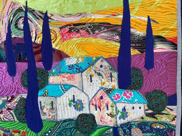 Under the Blue Roof - Colorful Fabric Collage, Countryside Home Decor, 50x38cm Image 14