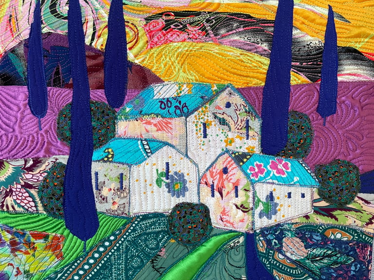 Under the Blue Roof - Colorful Fabric Collage, Countryside Home Decor, 50x38cm Image 7