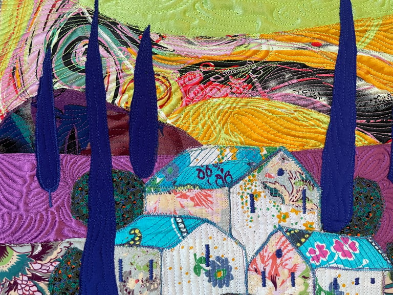 Under the Blue Roof - Colorful Fabric Collage, Countryside Home Decor, 50x38cm Image 10