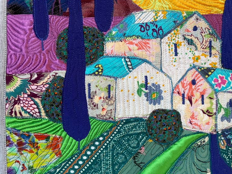 Under the Blue Roof - Colorful Fabric Collage, Countryside Home Decor, 50x38cm Image 2