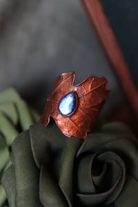 Image 1 of Anello con vera foglia di quercia elettroformata in rame ossidato con labradorite tg. 19