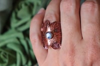 Image 3 of Anello con vera foglia di quercia elettroformata con finitura dipinta rossa e labradorite tg. 15