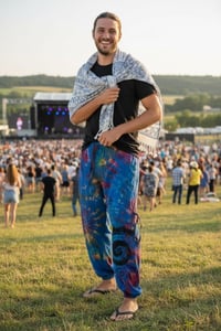 Image 7 of Thai Tie Dye Psy Pants Cotton – Relaxed Fit Festival Trousers Cinch with Pockets - Blue - 474