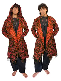 Image 4 of Hooded Fringe Coat  | Cozy Wizard Cloak |  Orange Black Trendy Festival Coat