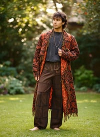 Image 1 of Hooded Fringe Coat  | Cozy Wizard Cloak |  Orange Black Trendy Festival Coat