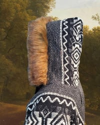 Image 8 of Handwoven Wool Poncho, Faux Fur Hood, Festival Winter Wear - Black & Gray 