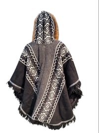 Image 9 of Handwoven Wool Poncho, Faux Fur Hood, Festival Winter Wear - Black & Gray 