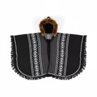 Image 12 of Handwoven Wool Poncho, Faux Fur Hood, Festival Winter Wear - Black & Gray 