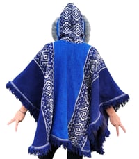 Image 8 of Handwoven Wool Poncho, Faux Fur Hood, Festival Winter Wear - Blue