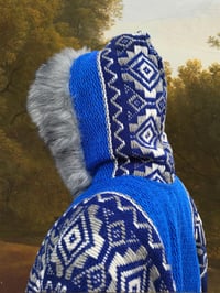 Image 4 of Handwoven Wool Poncho, Faux Fur Hood, Festival Winter Wear - Blue