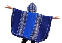 Image 6 of Handwoven Wool Poncho, Faux Fur Hood, Festival Winter Wear - Blue
