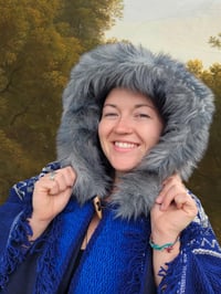 Image 1 of Handwoven Wool Poncho, Faux Fur Hood, Festival Winter Wear - Blue