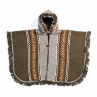 Image 8 of Handwoven Wool Poncho, Faux Fur Hood, Festival Winter Wear - Earthy Green