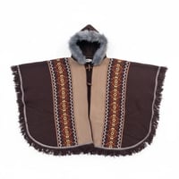 Image 11 of Handwoven Wool Poncho, Faux Fur Hood, Festival Winter Wear - Brown