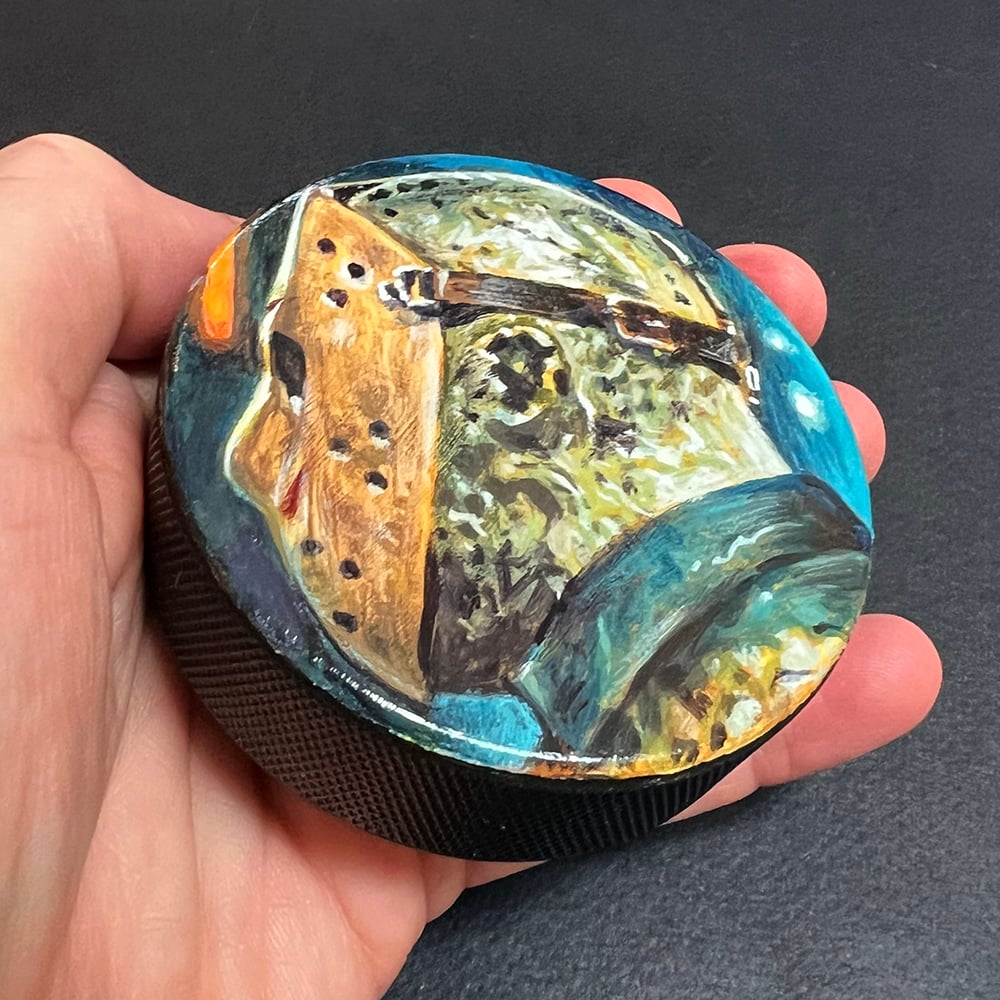 "Slap Shot" III - original acrylic painting on hockey puck with custom stand