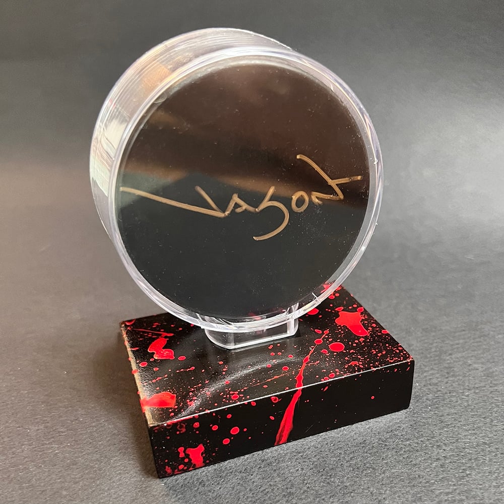"Slap Shot" III - original acrylic painting on hockey puck with custom stand