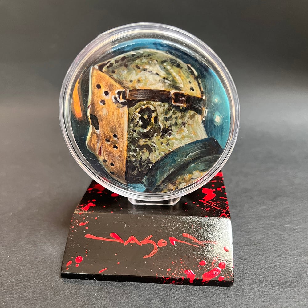 "Slap Shot" III - original acrylic painting on hockey puck with custom stand